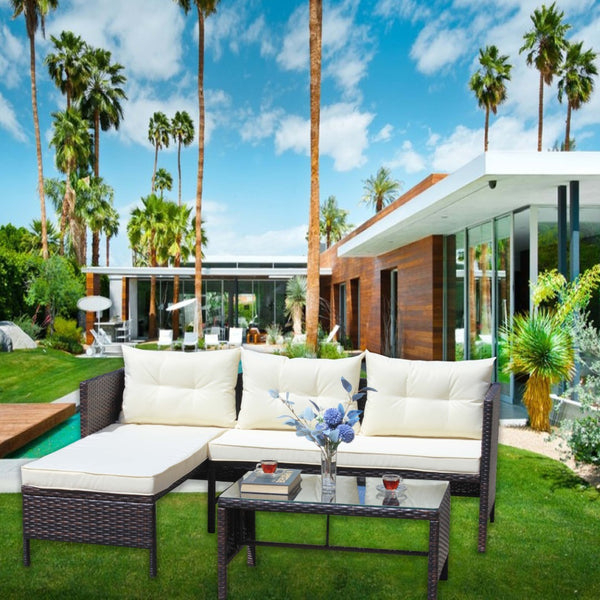 English Elm Outdoor Wicker Sectional Sofa Set with Tempered Glass Table and Cushions W209112822