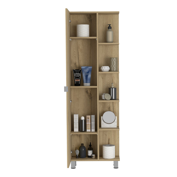 English Elm Urano Mirrored Linen Cabinet with 4 Interior Adjustable Shelves and 5 Open Exterior Storage Shelves Beige 63.4 L x 16.9 W x 5.9 H B20091989
