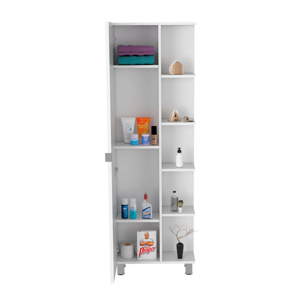 English Elm Urano Corner Linen Cabinet White – Space-Saving Particleboard Storage with 4 Open Shelves & Adjustable Interior Shelves B20091991