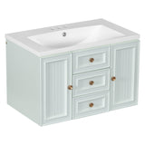 English Elm 30" Wall Mounted Bathroom Vanity With Sink Combo, Functional Drawer, Solid Wood & Mdf Board & Ceramic, Green