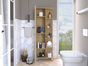 English Elm Urano Mirrored Linen Cabinet with 4 Interior Adjustable Shelves and 5 Open Exterior Storage Shelves Beige 63.4 L x 16.9 W x 5.9 H B20091989