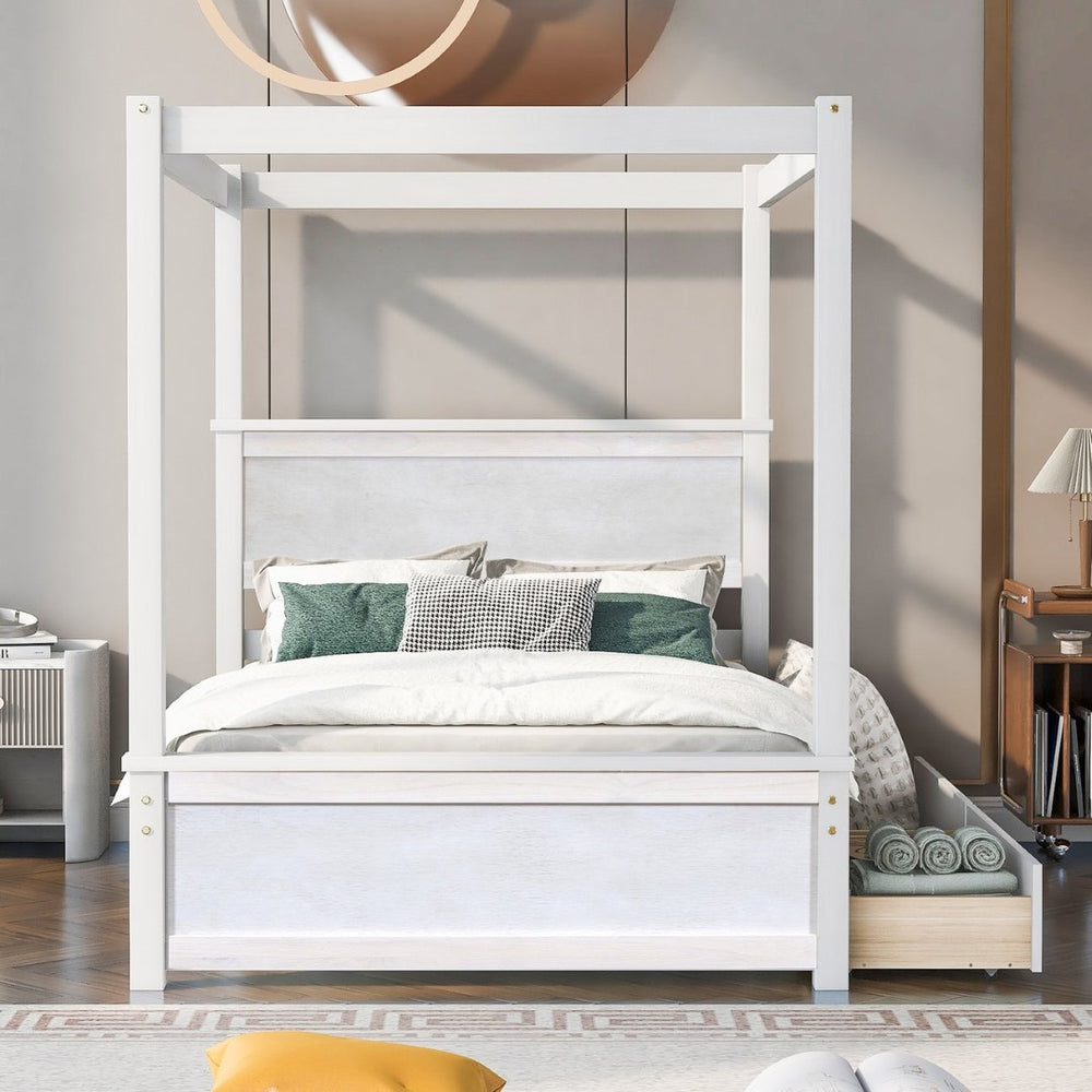 English Elm Wood Canopy Platform Bed Full Size Storage Drawers Brushed White Modern Frame WF303304AAK