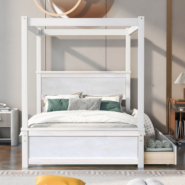 English Elm Wood Canopy Platform Bed Full Size Storage Drawers Brushed White Modern Frame WF303304AAK