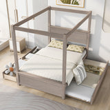 Hearth and Haven Samuel Canopy Full Bed with Trundle Bed and Two Drawers, Brushed Light Brown