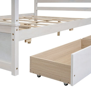 English Elm Wood Full Size Canopy Platform Bed Four Storage Drawers Brushed White Finish LP000903AAK