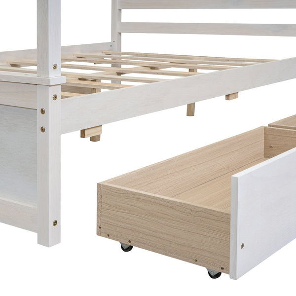 English Elm Wood Full Size Canopy Platform Bed Four Storage Drawers Brushed White Finish LP000903AAK