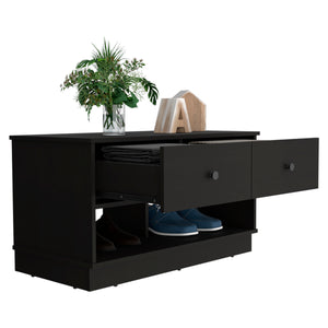 English Elm Hamilton Storage Bench with Two Drawers and Open Shelves for Entryway, Shoe Storage, 35.8"W x 19.9"H Black 40.6 L x 22.8 W x 6.3 H B20091910
