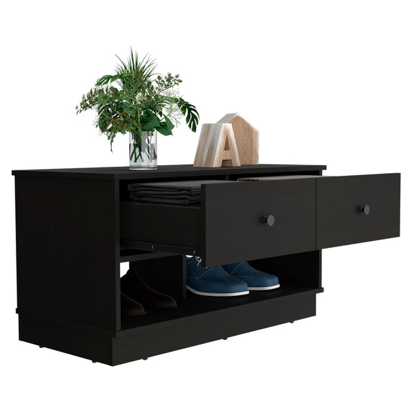 English Elm Hamilton Storage Bench with Two Drawers and Open Shelves for Entryway, Shoe Storage, 35.8"W x 19.9"H Black 40.6 L x 22.8 W x 6.3 H B20091910