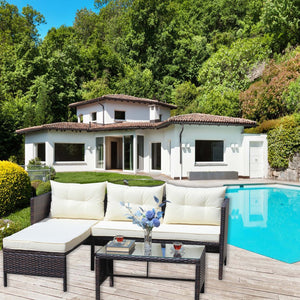 English Elm Outdoor Wicker Sectional Sofa Set with Tempered Glass Table and Cushions W209112822