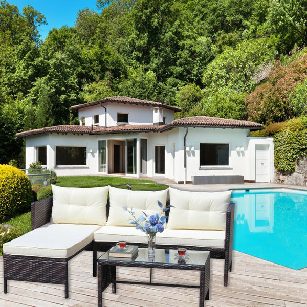 English Elm Outdoor Wicker Sectional Sofa Set with Tempered Glass Table and Cushions W209112822