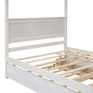 English Elm Wood Canopy Platform Bed Full Size with Trundle Storage Drawers Slat Support LP000905AAK