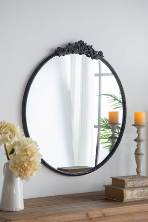 English Elm 36" Round Baroque Iron Frame Wall Mirror Matte Sculptural Relief Entryway Accent Black W2078124103