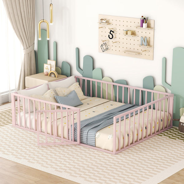 English Elm Queen Metal Floor Bed Frame with Decorative Fence and Door for Kids Rooms, Elegant Safe Design, 82.5"L x 62"W Pink MF307106AAH