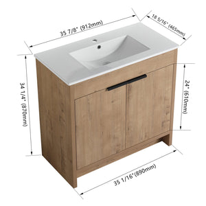 English Elm 36" Freestanding Bathroom Vanity with White Ceramic Sink, Soft-Close Doors, Adjustable Shelf, Scratch & Water-Resistant Finish W999S00101