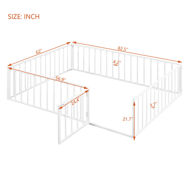 English Elm Queen Metal Floor Bed Frame with Decorative Fence and Door for Kids Rooms, Elegant Safe Design, 82.5"L x 62"W White MF307106AAK