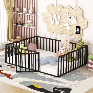 English Elm Full Floor Metal Bed Frame with Decorative Fence and Door for Kids, Elegant Low-Profile Sleep Space Black MF307107AAB