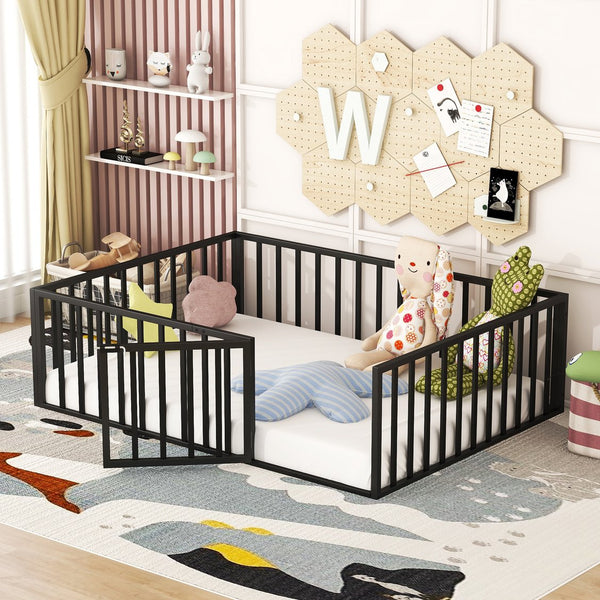 English Elm Full Floor Metal Bed Frame with Decorative Fence and Door for Kids, Elegant Low-Profile Sleep Space Black MF307107AAB