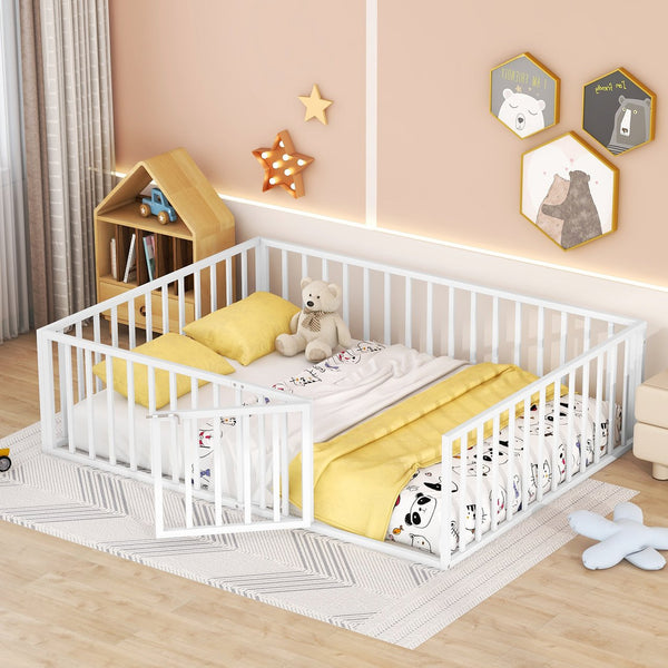 English Elm Queen Metal Floor Bed Frame with Decorative Fence and Door for Kids Rooms, Elegant Safe Design, 82.5"L x 62"W White MF307106AAK