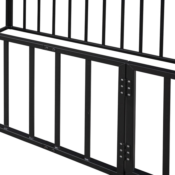English Elm Twin Metal Floor Bed Frame with Decorative Fence and Little Door for Kids Rooms, Elegant Safe Design Black MF307108AAB