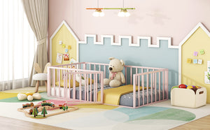 English Elm Twin Metal Floor Bed Frame with Decorative Fence and Little Door for Kids Rooms, Elegant Safe Design Pink MF307108AAH