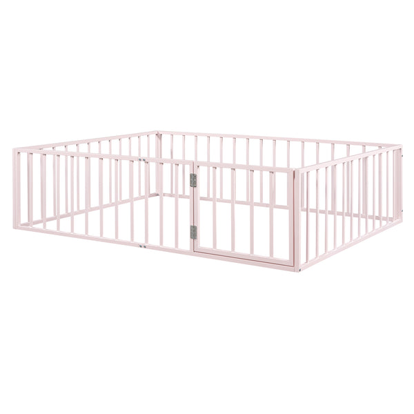 English Elm Queen Metal Floor Bed Frame with Decorative Fence and Door for Kids Rooms, Elegant Safe Design, 82.5"L x 62"W Pink MF307106AAH
