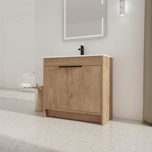 English Elm 36" Freestanding Bathroom Vanity with White Ceramic Sink, Soft-Close Doors, Adjustable Shelf, Scratch & Water-Resistant Finish W999S00101