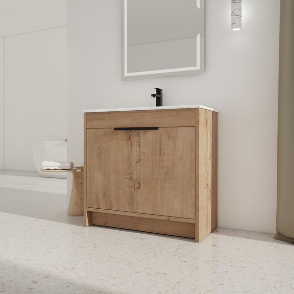 English Elm 36" Freestanding Bathroom Vanity with White Ceramic Sink, Soft-Close Doors, Adjustable Shelf, Scratch & Water-Resistant Finish W999S00101