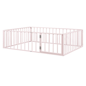 English Elm Full Floor Metal Bed Frame with Decorative Fence and Door for Kids, Elegant Low-Profile Sleep Space Pink MF307107AAH