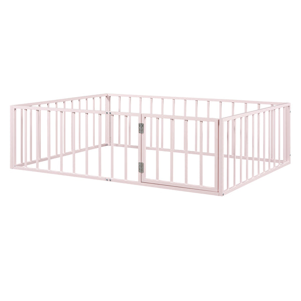 English Elm Full Floor Metal Bed Frame with Decorative Fence and Door for Kids, Elegant Low-Profile Sleep Space Pink MF307107AAH