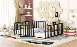 English Elm Full Floor Metal Bed Frame with Decorative Fence and Door for Kids, Elegant Low-Profile Sleep Space Black MF307107AAB