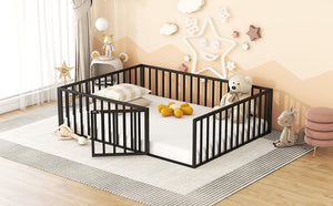 English Elm Queen Metal Floor Bed Frame with Decorative Fence and Door for Kids Rooms, Elegant Safe Design, 82.5"L x 62"W Black MF307106AAB