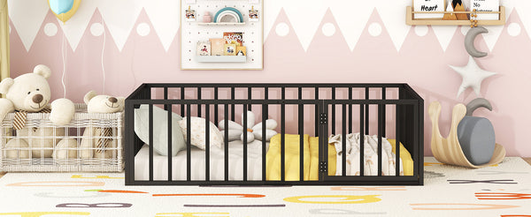English Elm Twin Metal Floor Bed Frame with Decorative Fence and Little Door for Kids Rooms, Elegant Safe Design Black MF307108AAB