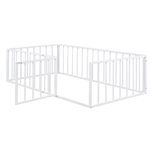 English Elm Twin Metal Floor Bed Frame with Decorative Fence and Little Door for Kids Rooms, Elegant Safe Design White MF307108AAK