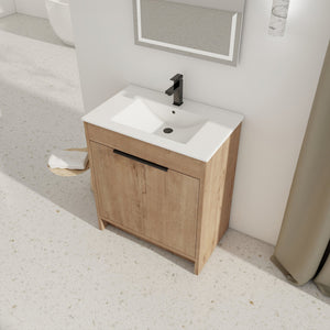 English Elm 30" Freestanding Bathroom Vanity With White Ceramic Sink, Soft-Close Doors & Adjustable Storage Shelf W999S00100
