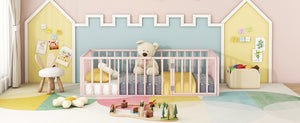 English Elm Twin Metal Floor Bed Frame with Decorative Fence and Little Door for Kids Rooms, Elegant Safe Design Pink MF307108AAH