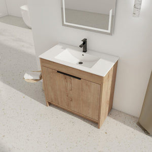 English Elm 36" Freestanding Bathroom Vanity with White Ceramic Sink, Soft-Close Doors, Adjustable Shelf, Scratch & Water-Resistant Finish W999S00101