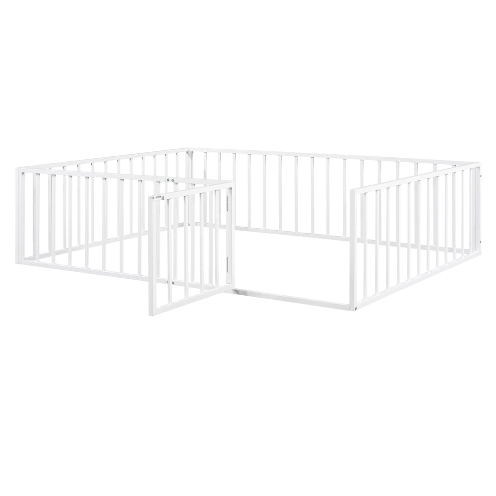 English Elm Queen Metal Floor Bed Frame with Decorative Fence and Door for Kids Rooms, Elegant Safe Design, 82.5"L x 62"W White MF307106AAK