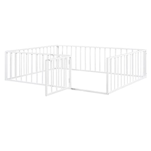 English Elm Queen Metal Floor Bed Frame with Decorative Fence and Door for Kids Rooms, Elegant Safe Design, 82.5"L x 62"W White MF307106AAK