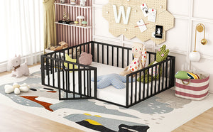 English Elm Full Floor Metal Bed Frame with Decorative Fence and Door for Kids, Elegant Low-Profile Sleep Space Black MF307107AAB