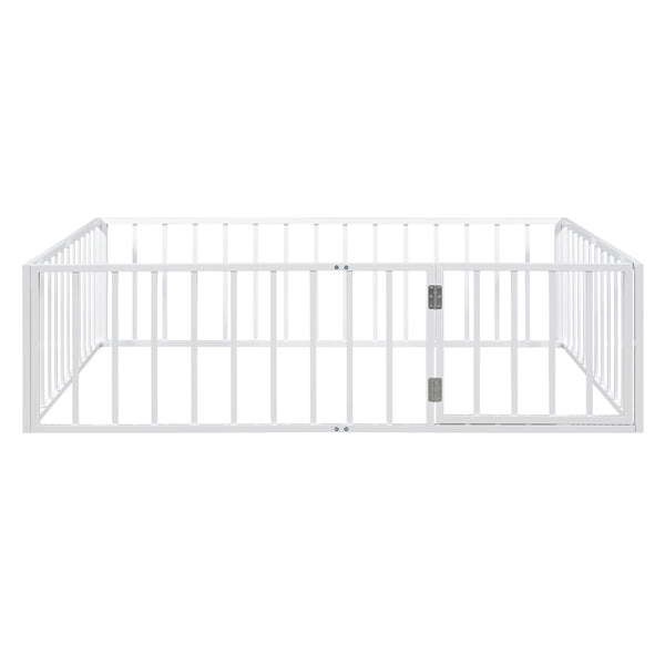 English Elm Full Floor Metal Bed Frame with Decorative Fence and Door for Kids, Elegant Low-Profile Sleep Space White MF307107AAK