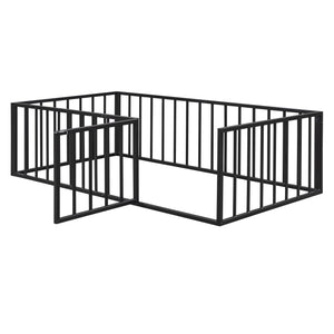 English Elm Twin Metal Floor Bed Frame with Decorative Fence and Little Door for Kids Rooms, Elegant Safe Design Black MF307108AAB