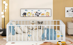 English Elm Full Floor Metal Bed Frame with Decorative Fence and Door for Kids, Elegant Low-Profile Sleep Space White MF307107AAK