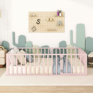 English Elm Queen Metal Floor Bed Frame with Decorative Fence and Door for Kids Rooms, Elegant Safe Design, 82.5"L x 62"W Pink MF307106AAH