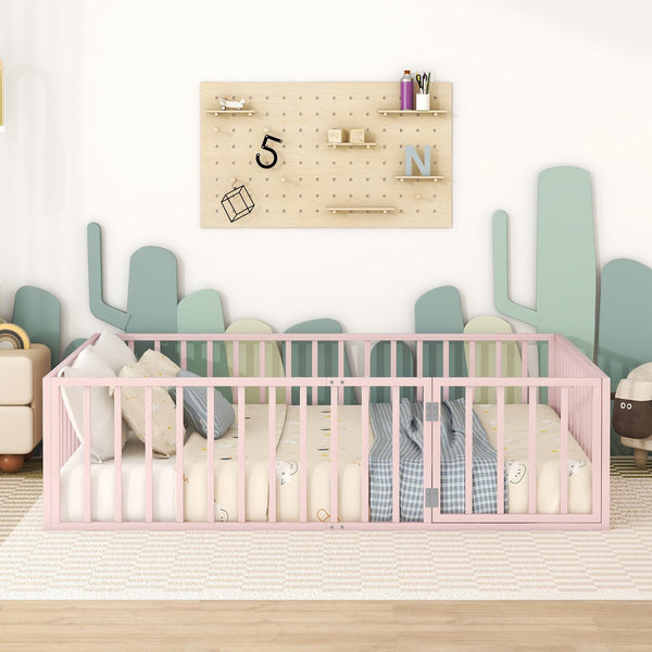 English Elm Queen Metal Floor Bed Frame with Decorative Fence and Door for Kids Rooms, Elegant Safe Design, 82.5"L x 62"W Pink MF307106AAH