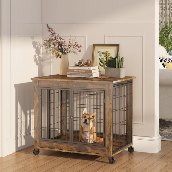 English Elm Furniture Rustic Brown Dog Crate Side Table on Wheels with Top Lift, Double Doors, Secure & Quiet Resting Space W1162120540