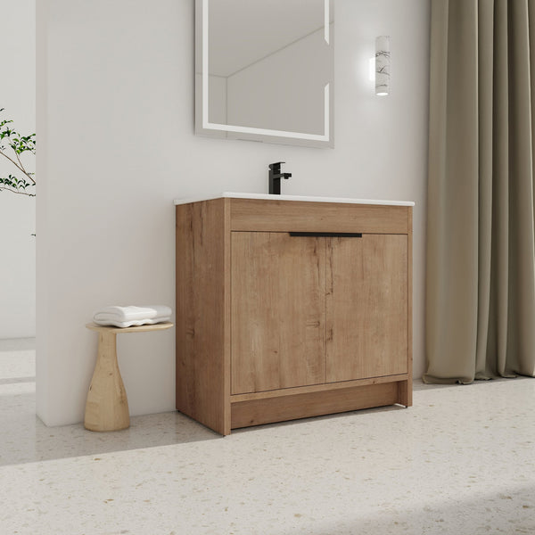 English Elm 36" Freestanding Bathroom Vanity with White Ceramic Sink, Soft-Close Doors, Adjustable Shelf, Scratch & Water-Resistant Finish W999S00101