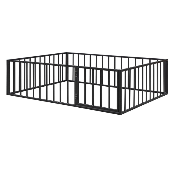 English Elm Full Floor Metal Bed Frame with Decorative Fence and Door for Kids, Elegant Low-Profile Sleep Space Black MF307107AAB