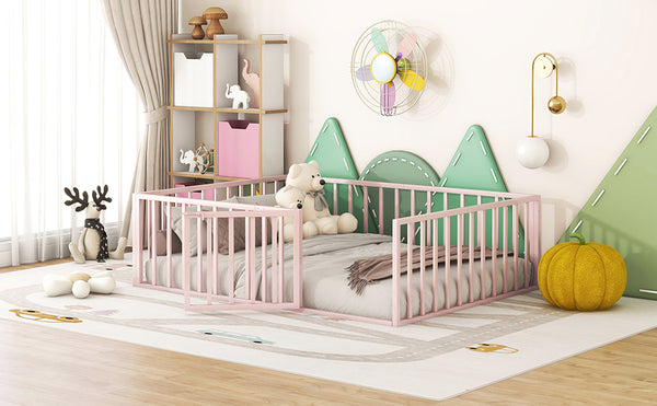 English Elm Full Floor Metal Bed Frame with Decorative Fence and Door for Kids, Elegant Low-Profile Sleep Space Pink MF307107AAH