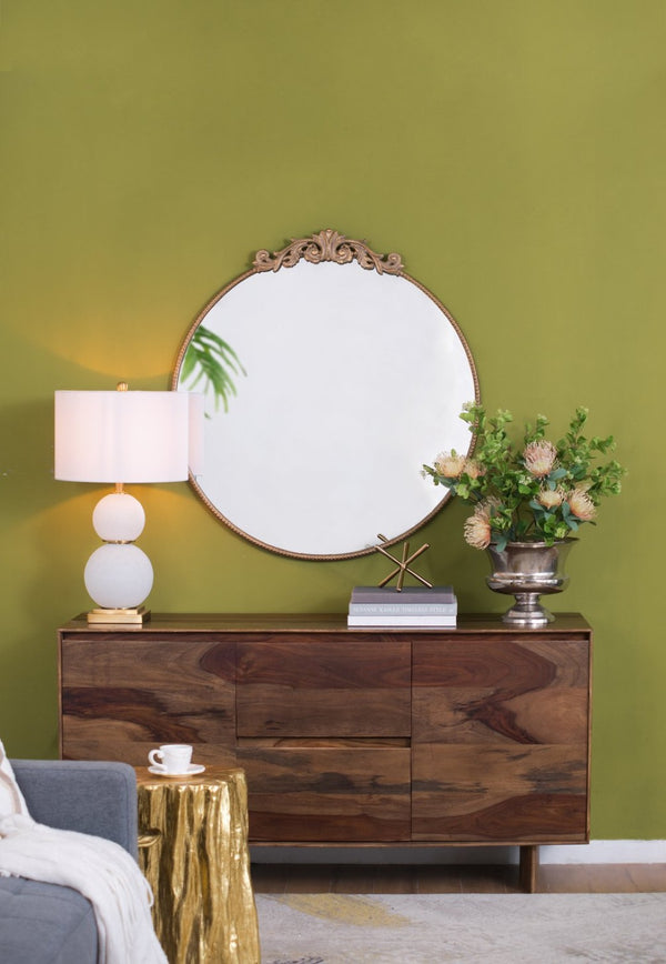 English Elm 36" Round Baroque Iron Frame Wall Mirror Matte Sculptural Relief Entryway Accent Gold W2078124102