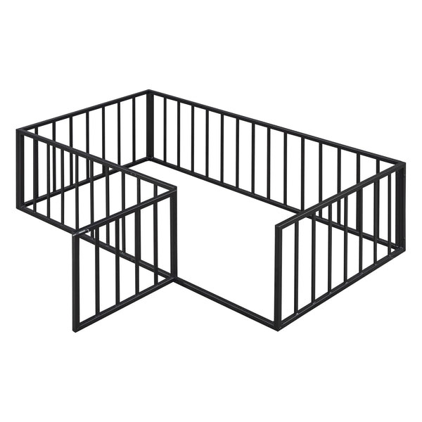 English Elm Twin Metal Floor Bed Frame with Decorative Fence and Little Door for Kids Rooms, Elegant Safe Design Black MF307108AAB